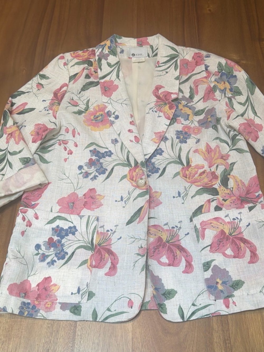 Vintage 80S 90S Croquette Linen Blend Cream Floral Blazer EHL Sz 10P Small/Med